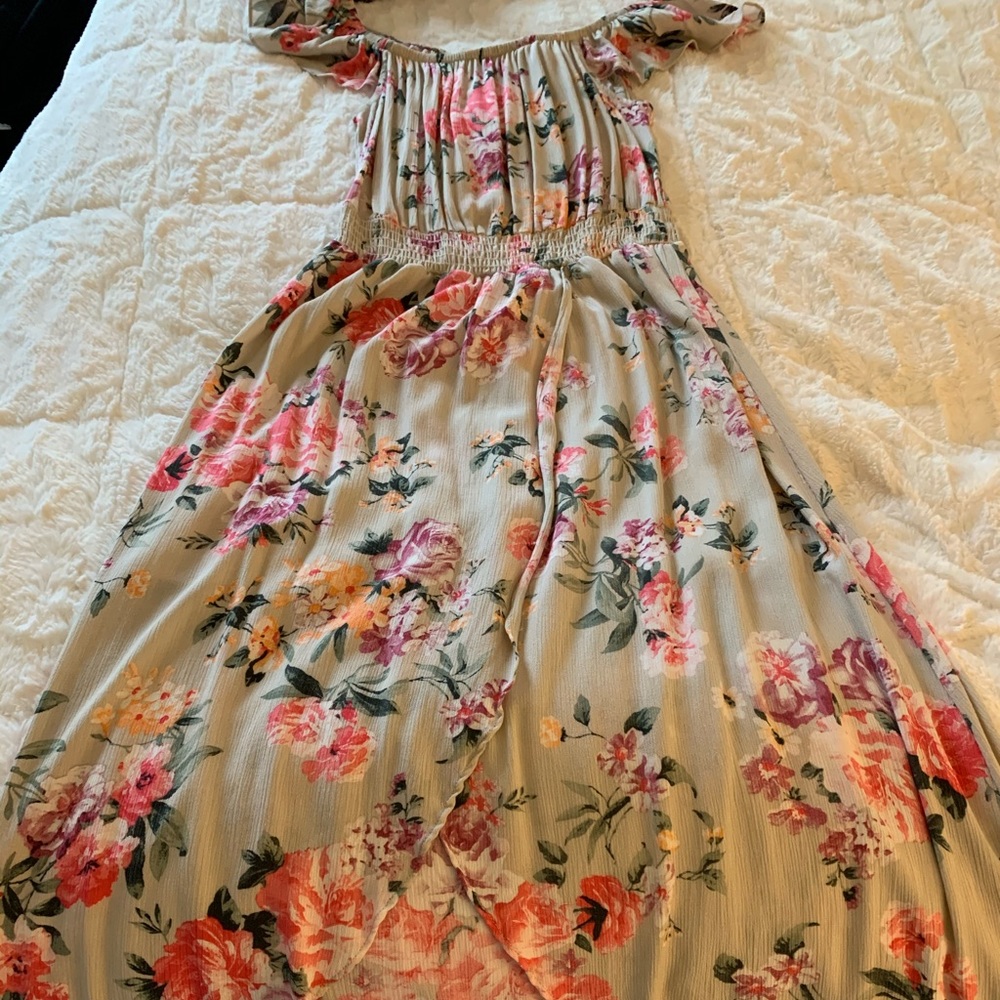 High/low off the shoulder floral maxi dress